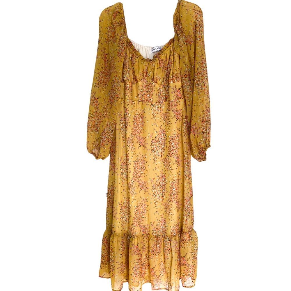 Piper and Scoot Yellow Shimmer Floral Long Sleeve Midi Dress Sz Medium Romantic